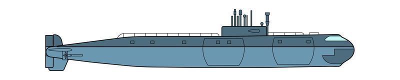 Detailed Submarine. Side view. Warship in flat style. Military ship. Battleship model. Industrial drawing. Vector illustration isolated on white background.