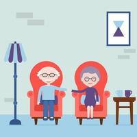 Grandfather and grandmother hold hands and sitting in armchair. Feel love always. The elderly happy and love. Vector illustration.