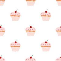 patrón sin costuras con cupcake y cereza sobre fondo blanco. comida dulce. ilustración vectorial para diseño, web, papel de envolver, tela, papel tapiz vector