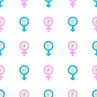 Seamless pattern with male and female, man and woman symbols. Blue and pink colors. Raise fists. Gender equality. Vector illustration for design, web, wrapping paper, fabric, wallpaper.