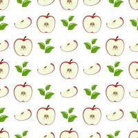 Seamless pattern with red half slice apples and leaves on white background. Organic fruit. Cartoon style. Vector illustration for design, web, wrapping paper, fabric, wallpaper.