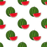 Seamless pattern with fresh whole and cut slice watermelon fruit on white background. Summer fruits for healthy lifestyle. Organic fruit. Cartoon style. Vector illustration for any design.