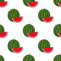 Seamless pattern with fresh whole and cut slice watermelon fruit on white background. Summer fruits for healthy lifestyle. Organic fruit. Cartoon style. Vector illustration for any design.