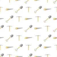 Seamless pattern with cartoon hand saw, pickaxe, shovel on white background. Gardening tool. Vector illustration for any design