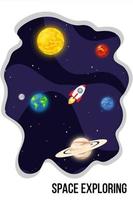 Space exploring background with sun, rocket, earth, mars. Universe with planets. Vector banner template for any design.