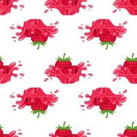 Seamless pattern with fresh bright raspberry juice splash burst isolated on white background. Summer fruit juice. Cartoon style. Vector illustration for any design.