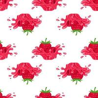 Seamless pattern with fresh bright raspberry juice splash burst isolated on white background. Summer fruit juice. Cartoon style. Vector illustration for any design.