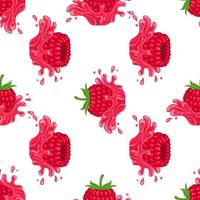 Seamless pattern with fresh bright raspberry juice splash burst isolated on white background. Summer fruit juice. Cartoon style. Vector illustration for any design.