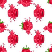 Seamless pattern with fresh bright raspberry juice splash burst isolated on white background. Summer fruit juice. Cartoon style. Vector illustration for any design.