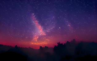 Milky Way and pink light at mountains. Night colorful landscape. Starry sky with hills at summer. Beautiful Universe. Space background with galaxy. Travel background photo
