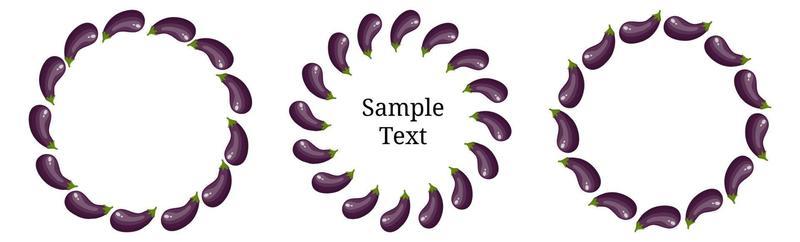 Wreath Set from Eggplants with Space for Text. Raw Aubergine Vegetables isolated on white background. For Market, Recipe Design. Organic Food. Cartoon Style. Vector illustration for Your Design, Web.
