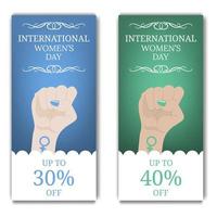 International Women's Day Discount, Flyer, Brochure. Women's March. Multinational Equality. Female hand with her fist raised up. Girl Power. Feminism concept. Vector illustration for Your Design.