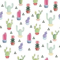 Seamless pattern with different colorful realistic cactuses in pot and geometric figures. Vector illustration isolated on white background.