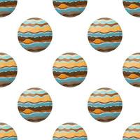 Seamless pattern with Jupiter planet isolated on white background. Planet of solar system. Cartoon style vector illustration for any design.
