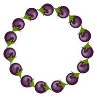 Wreath from Eggplants with Space for Text. Raw Ripe Aubergine Vegetables isolated on white background. Organic Food. Cartoon Style. Vector illustration for Your Design, Web.