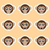 Set of monkey stickers. Different emotions, expressions. Sticker in anime style. Vector Illustration for your design.