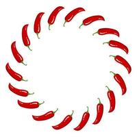 Red Chilli Pepper Wreath. Fresh Vegetables isolated on white background. Circle Frame from Pepper for Market, Recipe Design. Cartoon Flat Style. Vector illustration for Your Design, Web.