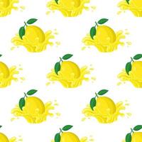 Seamless pattern with fresh bright lemon juice splash burst isolated on white background. Summer fruit juice. Cartoon style. Vector illustration for any design.