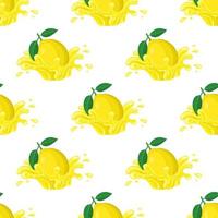 Seamless pattern with fresh bright lemon juice splash burst isolated on white background. Summer fruit juice. Cartoon style. Vector illustration for any design.