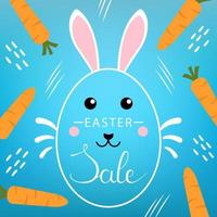 Easter Discount with Lettering Inscription on blue background. Cute Bunny, Carrots and Abstract Shapes. For Easter Banner, Poster, Flyer, Brochure. Vector illustration for Your Design, Web