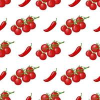 Seamless pattern with cherry tomato and chilli pepper vegetables. Organic food. Cartoon style. Vector illustration for design, web, wrapping paper, fabric, wallpaper.