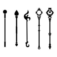 Set of Black Silhouette Staff Icons isolated on white background. Magic Wand, Scepter, Stick, Rod. Vector Illustration for Your Design, Game, Card, Web.