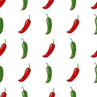 Seamless pattern with red and green chilli pepper. Fresh vegetables isolated on white background. Cartoon style. Vector illustration for design, web, wrapping paper, fabric, wallpaper.