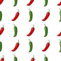 Seamless pattern with red and green chilli pepper. Fresh vegetables isolated on white background. Cartoon style. Vector illustration for design, web, wrapping paper, fabric, wallpaper.