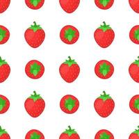 Seamless pattern with fresh bright exotic whole strawberries on white background. Summer fruits for healthy lifestyle. Organic fruit. Cartoon style. Vector illustration for any design.