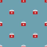Seamless pattern with first aid kit on blue background. Health care. Medicine sign. Flat style. Vector illustration for design, web, wrapping paper, fabric, wallpaper.