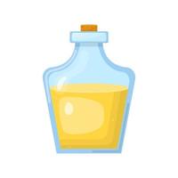 Magic potion in bottle with yellow liquid isolated on white background. Chemical or alchemy elixir. Vector illustration for any design.