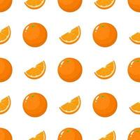 Seamless pattern with fresh whole and cut slice orange fruit on white background. Tangerine. Organic fruit. Cartoon style. Vector illustration for design, web, wrapping paper, fabric, wallpaper.
