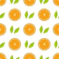Seamless pattern with fresh half orange fruit and green leaves on white background. Tangerine. Organic fruit. Cartoon style. Vector illustration for design, web, wrapping paper, fabric, wallpaper.