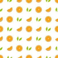 Seamless pattern with fresh half, cut slice of orange fruit and green leaves on white background. Tangerine. Organic fruit. Vector illustration for design, web, wrapping paper, fabric, wallpaper.