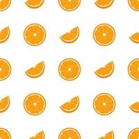 Seamless pattern with fresh half and cut slice orange fruit on white background. Tangerine. Organic fruit. Cartoon style. Vector illustration for design, web, wrapping paper, fabric, wallpaper.