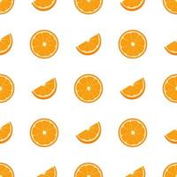 Seamless pattern with fresh half and cut slice orange fruit on white background. Tangerine. Organic fruit. Cartoon style. Vector illustration for design, web, wrapping paper, fabric, wallpaper.