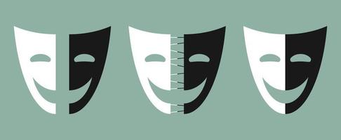 Theatrical mask icon. Two parties of mask. The process of the struggle between good and evil, black and white. Vector illustration for design, web.