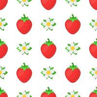 Seamless pattern with fresh bright exotic whole strawberries with flowers on white background. Summer fruits for healthy lifestyle. Organic fruit. Cartoon style. Vector illustration for any design.