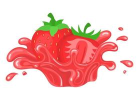 ráfaga de salpicaduras de jugo de fresa brillante fresco aislado sobre fondo blanco. jugo de frutas de verano. estilo de dibujos animados ilustración vectorial para cualquier diseño. vector