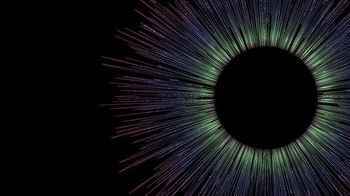 Abstract technology digital big data concept glowing neon color streaks radial lines circle with dots particles sparkling on black background