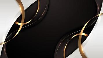 Abstract 3D luxury white and black color wave shapes with shiny golden curved ribbon line decoration and glitter lighting on dark background vector