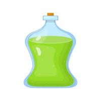 Magic potion in bottle with green liquid isolated on white background. Chemical or alchemy elixir. Vector illustration for any design.