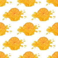Seamless pattern with fresh bright orange, mandarin or tagerine juice splash burst isolated on white background. Summer fruit juice. Cartoon style. Vector illustration for any design.