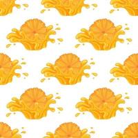 Seamless pattern with fresh bright orange, mandarin or tagerine juice splash burst isolated on white background. Summer fruit juice. Cartoon style. Vector illustration for any design.