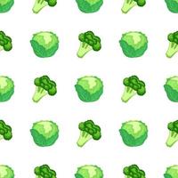 Seamless pattern with fresh green cabbage and broccoli isolated on white background. Organic food. Cartoon style. Vector illustration for design, web, wrapping paper, fabric, wallpaper.