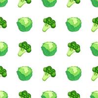 Seamless pattern with fresh green cabbage and broccoli isolated on white background. Organic food. Cartoon style. Vector illustration for design, web, wrapping paper, fabric, wallpaper.