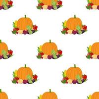 Seamless pattern with group of fresh vegetables on white background. Pumpkin, tomato, corn, bell pepper, potato. Organic food. Vector illustration for any design