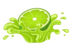 Fresh bright half cut lime juice splash burst isolated on white background. Summer fruit juice. Cartoon style. Vector illustration for any design.