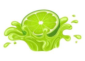 ráfaga de jugo de lima fresca y medio cortada aislada en fondo blanco. jugo de frutas de verano. estilo de dibujos animados ilustración vectorial para cualquier diseño. vector