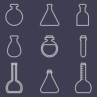 Bottles Icons Set isolated on dark background. Chemistry equipment. Medical accessories. Vector illustration.